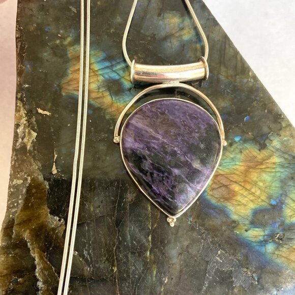 Sterling Silver 925 Teardrop Bezel Set Purple Charoite Pendant Necklace 20" - Picture 1 of 16